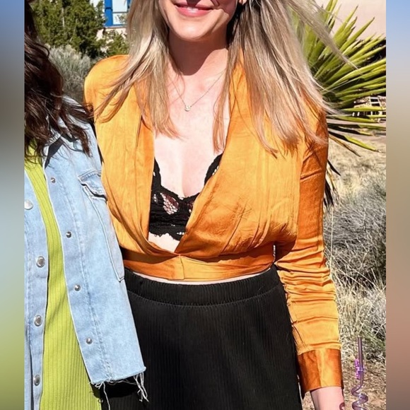 Piral Tops - Golden Satin Long Sleeve Wrap Crop